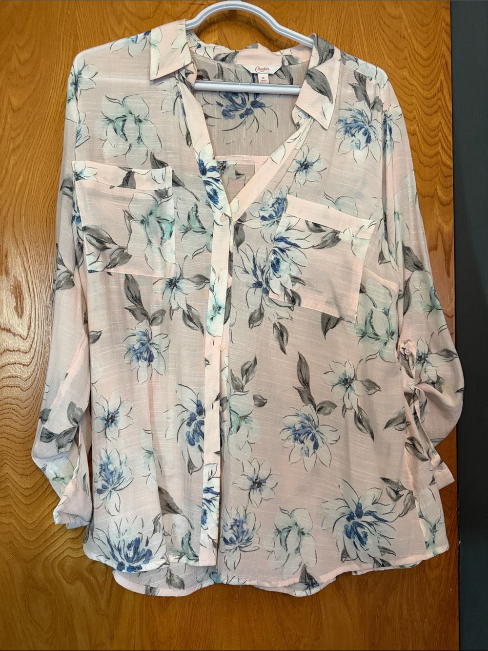 Candie's Pink Floral Button-Down Blouse with Blue Accents